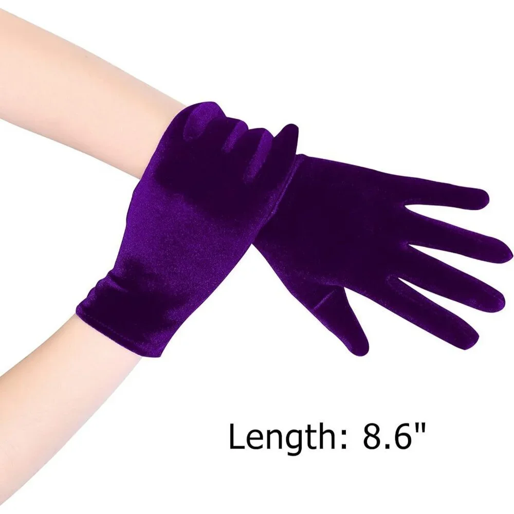 Women's Dark Purple Velvet Short Satin Gloves Style Wrist Flapper Banquet